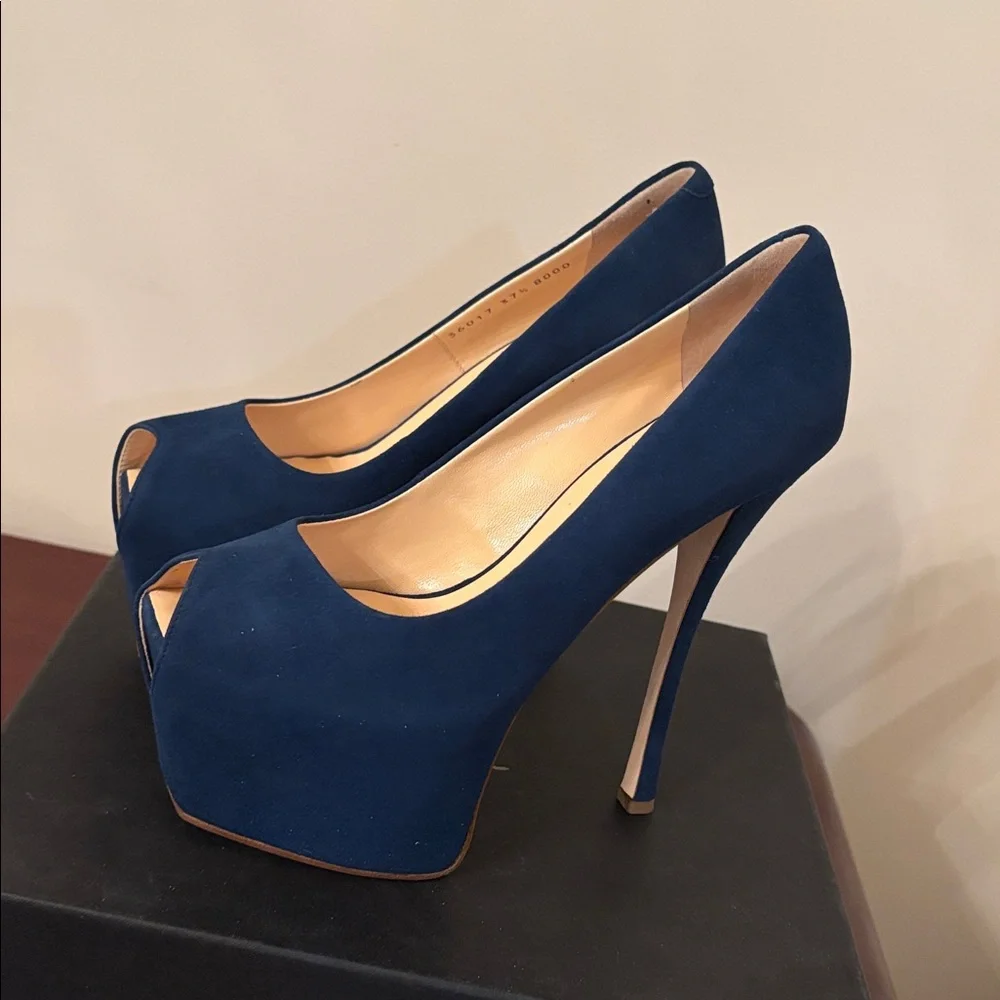 Giuseppe Zanotti Suede Leather Blue Stiletto Liza 90 Open Toe Platform Pump 7.5